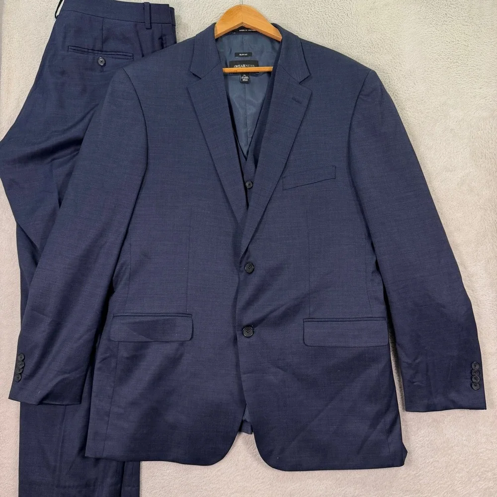 Awearness Kenneth Cole Mens 46L 3-Piece Suit Vest Blue Slim Fit Wool Blend 36x31 - Picture 2 of 16